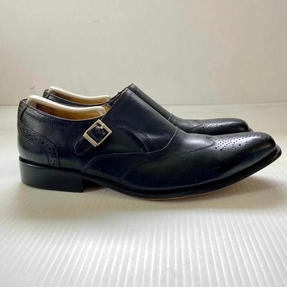 Liberty Black Leather Monk Strap Brogue Wing Tip Lace Up Shoes Mens 10